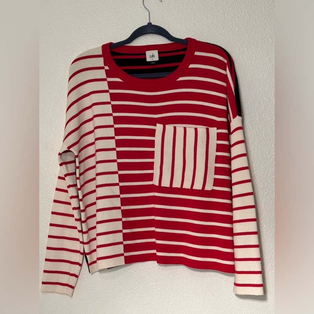 Cabi 5635 Pocket Pullover Striped Sweater Red White Black Womens Medium